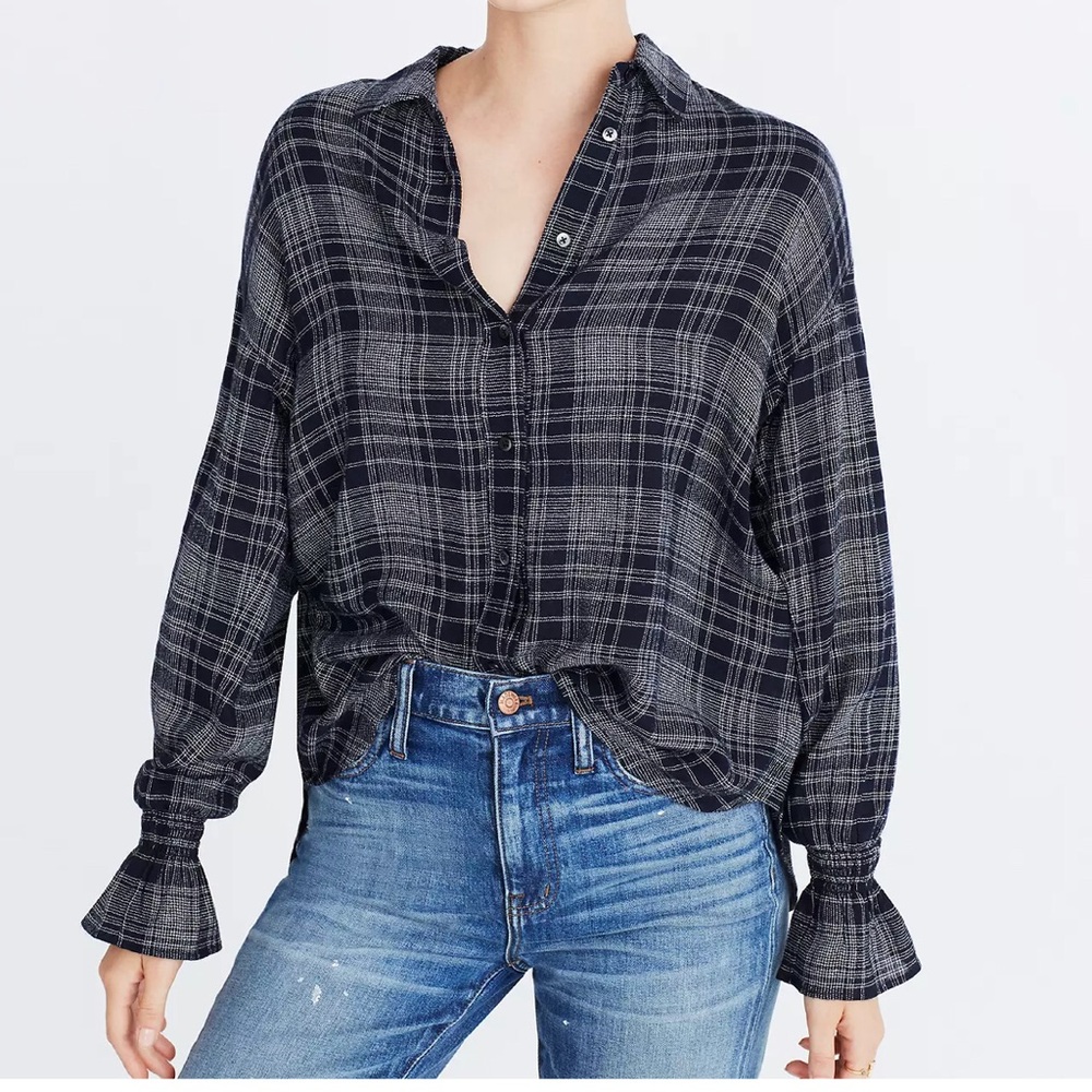 Madewell Westward Bell-Sleeve Shirt in Plaid Checkered Small